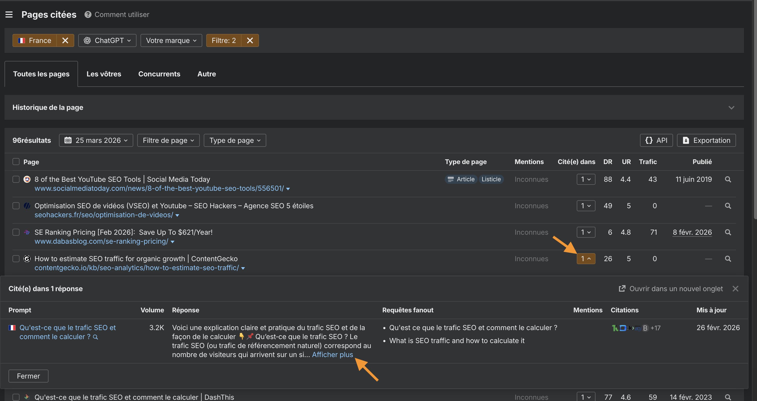 Capture d'écran de Brand Radar avec le rapport Pages citées pour trouver les prompts et les réponses IA avec une marque