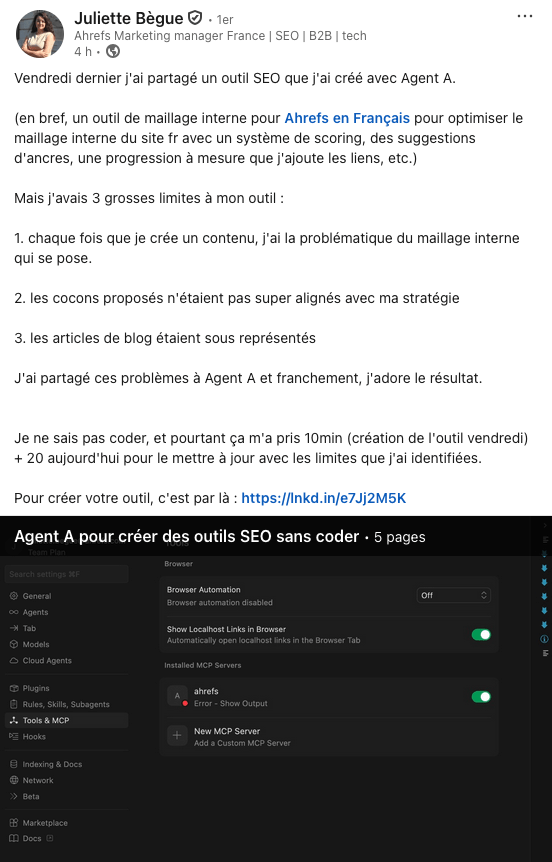 Capture d'écran du post LinkedIn de Juliette Bègue sur Agent A