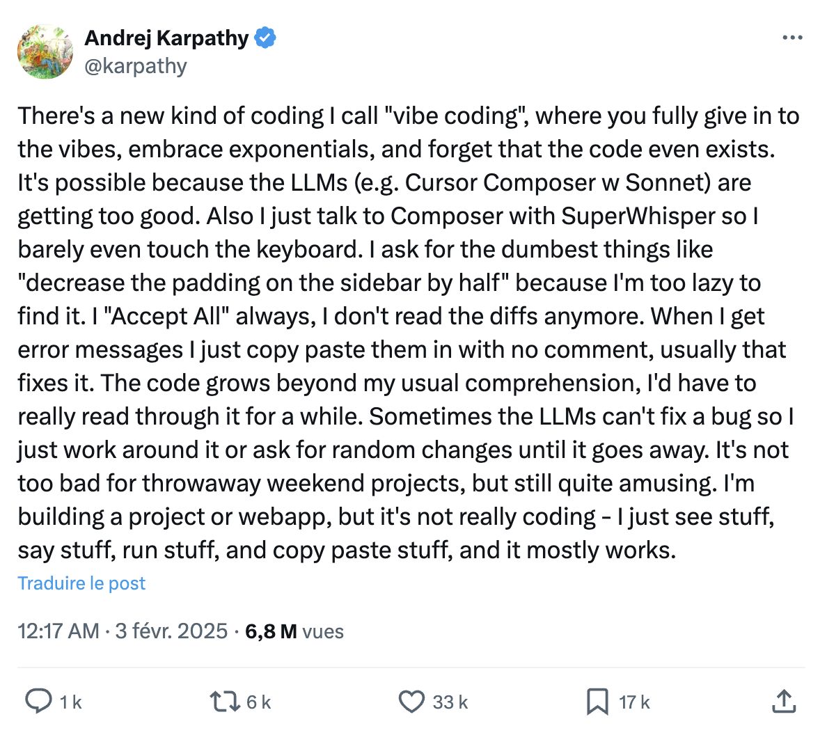 Capture d'écran du post Twitter d'Andrej Karpathy sur le vibe coding