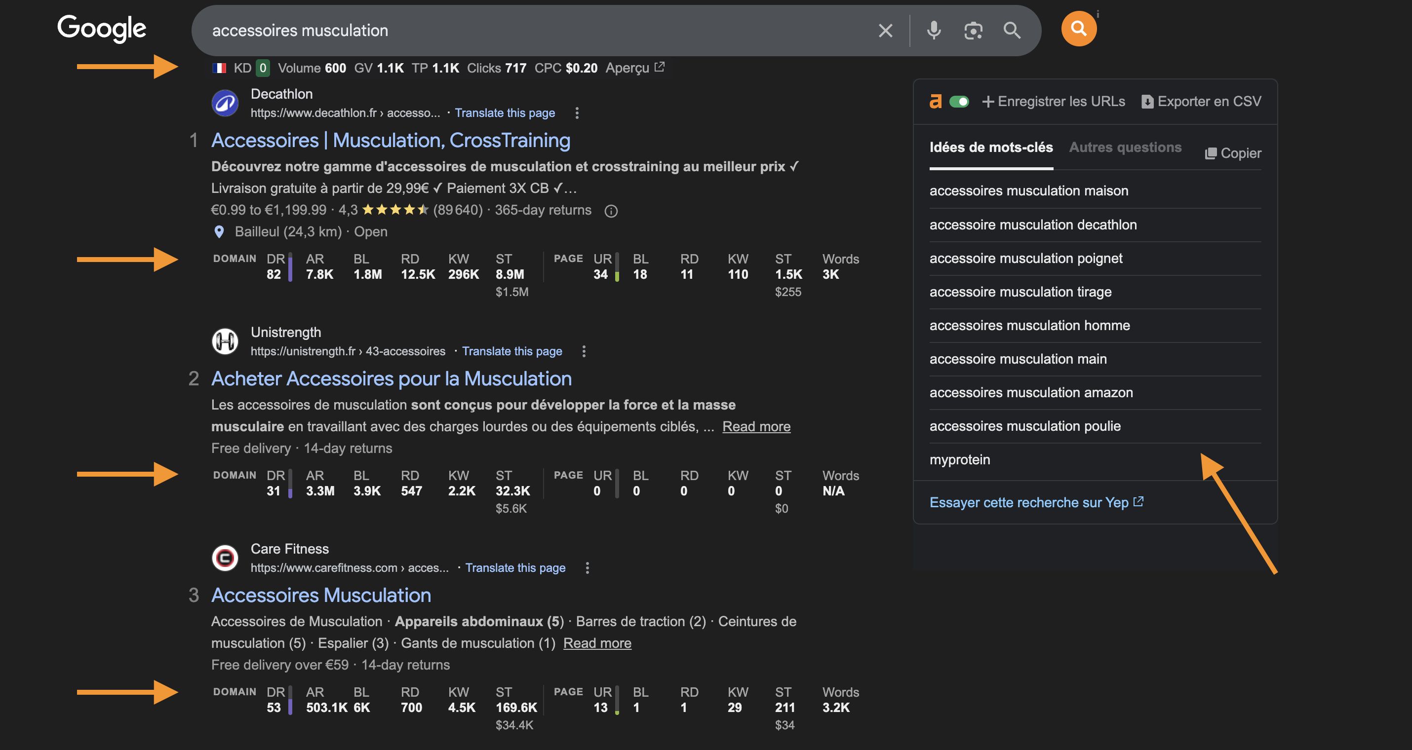 Le plugin SEO Ahrefs gratuit en action dans les SERP, montre les KPI par résultats