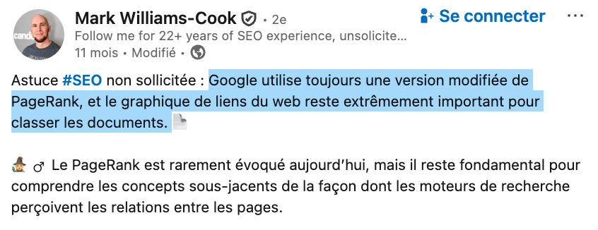 Citation de Mark Willimas Cook sur le PageRank, les LLMs et le SEO