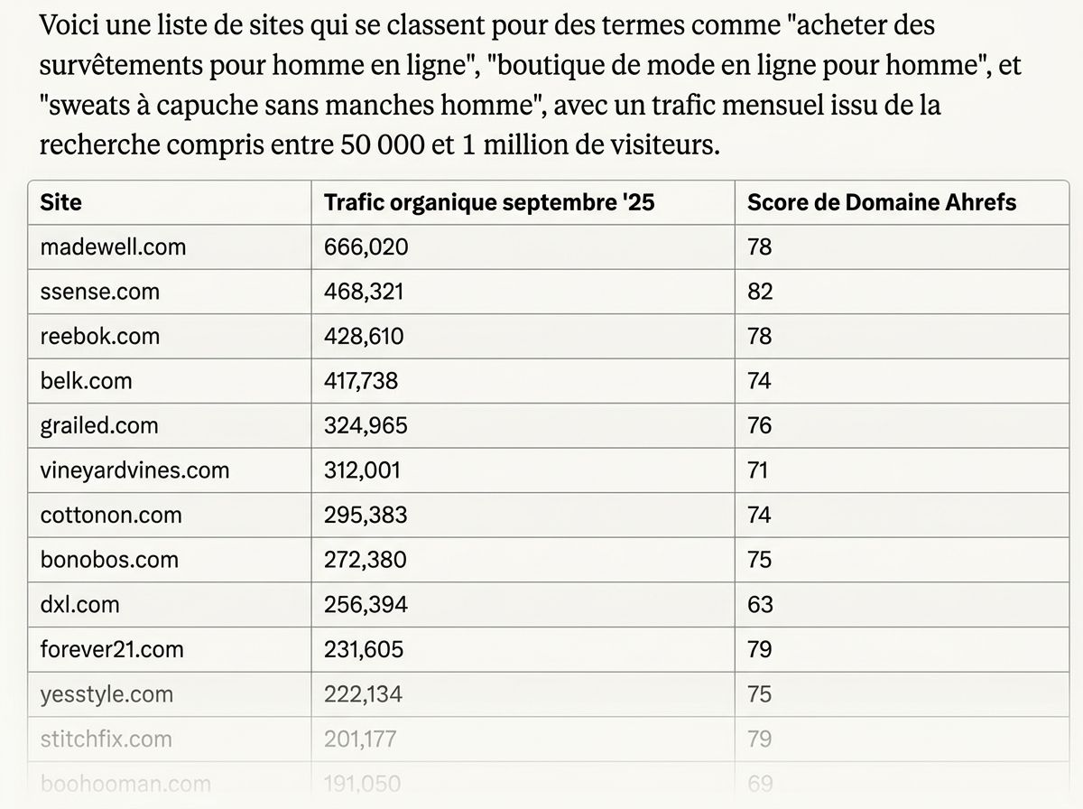 Exemple d'utilisation du serveur MCP Ahrefs avec un assistant IA