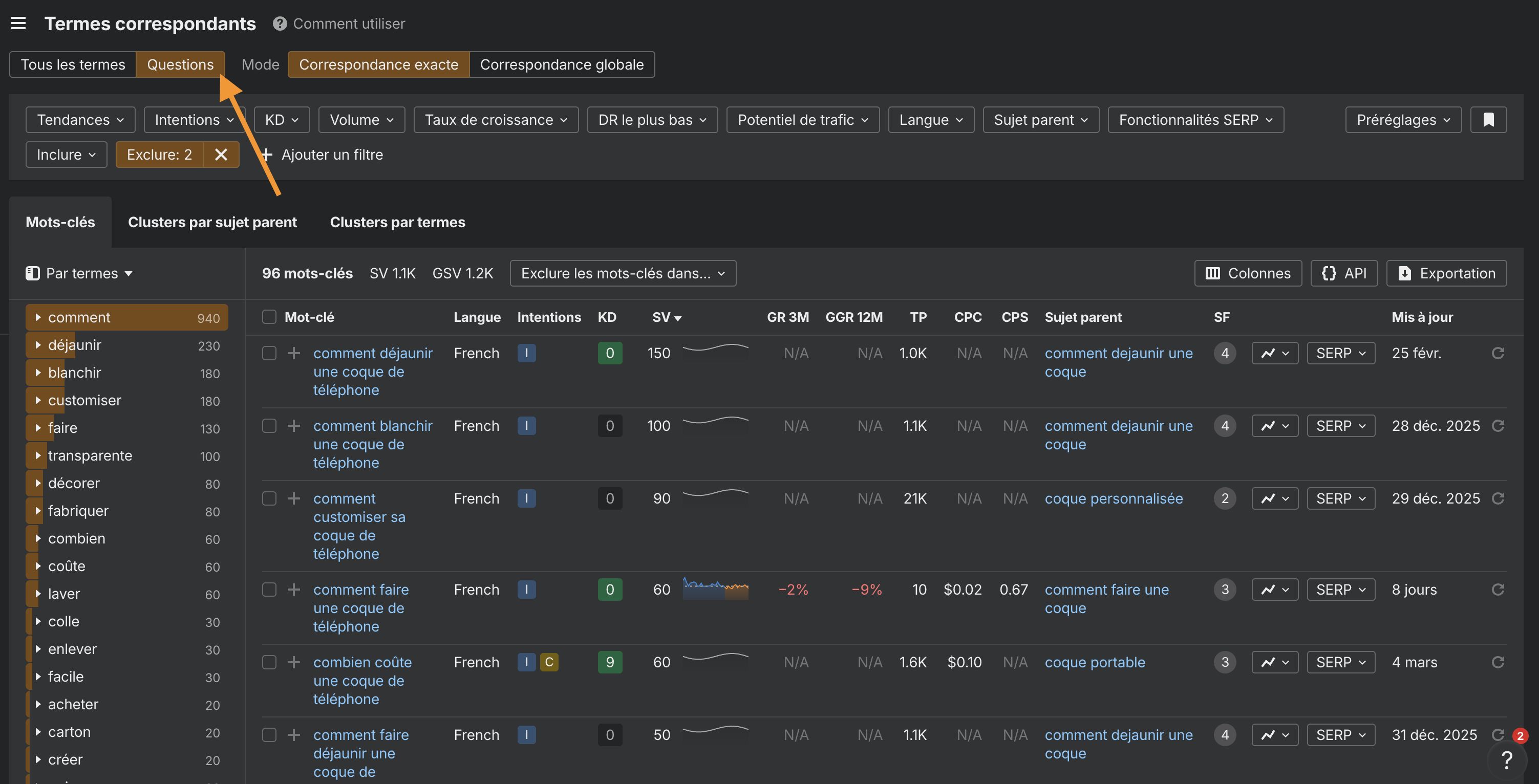 Capture d'écran pour trouver des potentielles fanout queries avec Ahrefs
