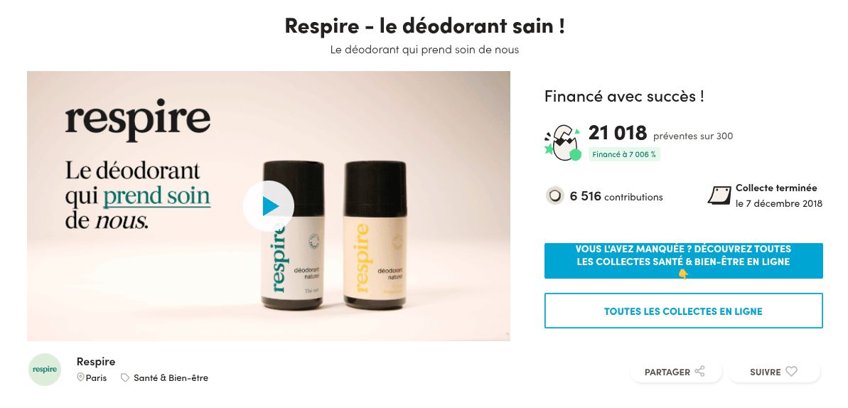 Capture d'écran de la campagne Ulule de Respire affichant plus de 21 000 préventes