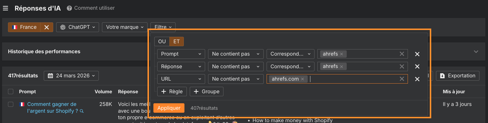 Etape de configuration de brand radar pour trouver des opportunités de contenus pour la visibilité ia