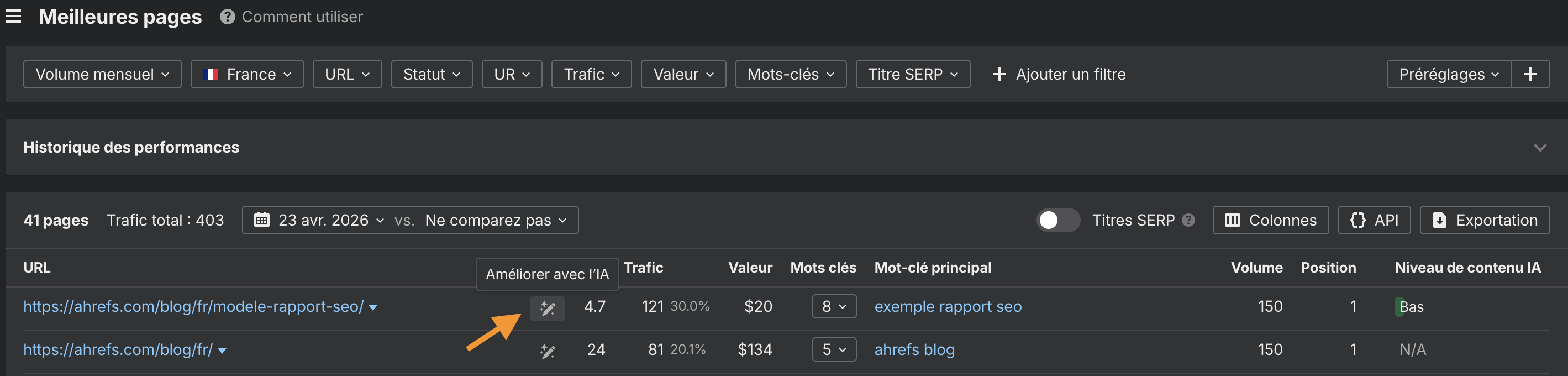 Améliorer les pages de contenu avec l'IA dans Ahrefs
