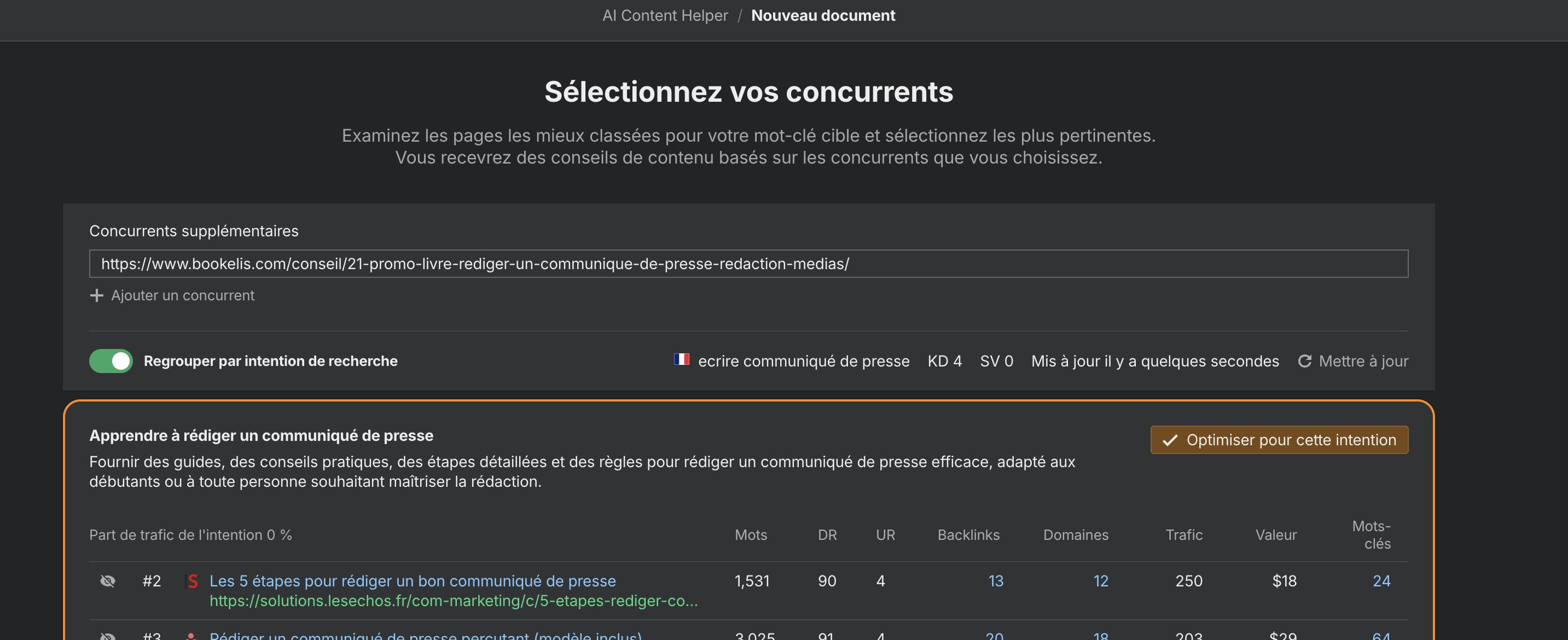 Concurrents dans Ahrefs AI Content Helper