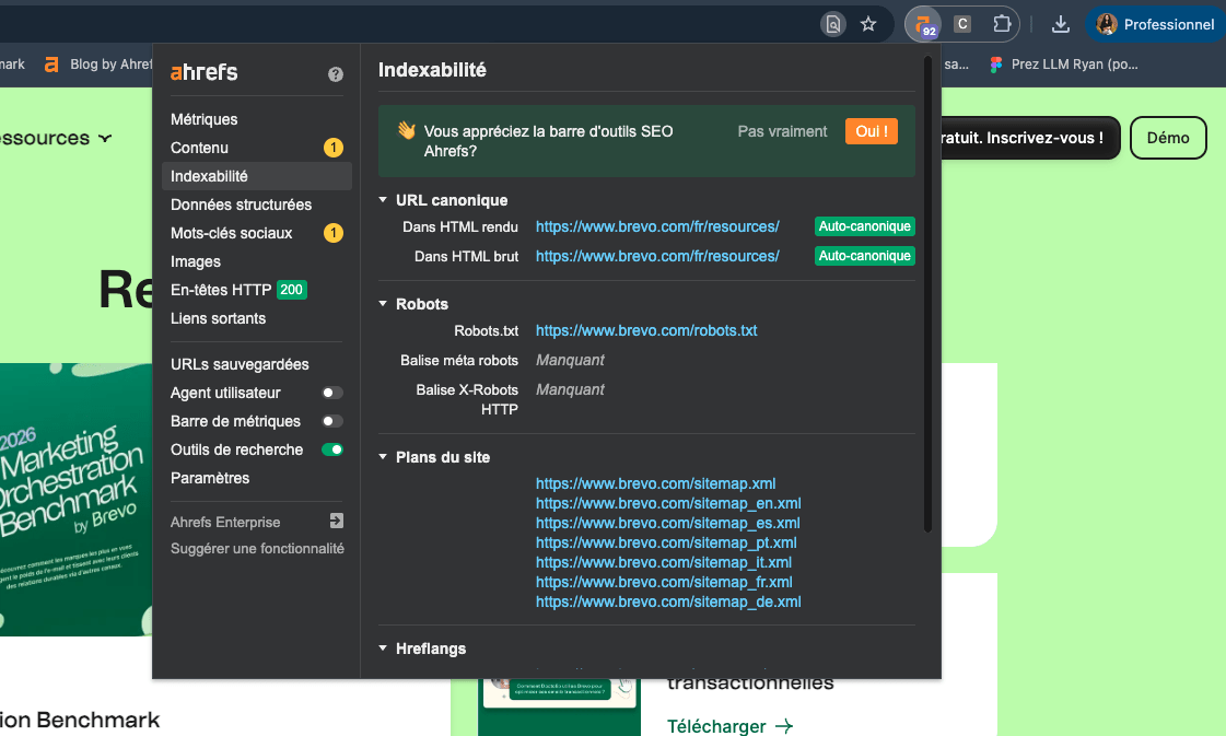 Exemple de X-Robots-Tag dans Ahrefs Toolbar