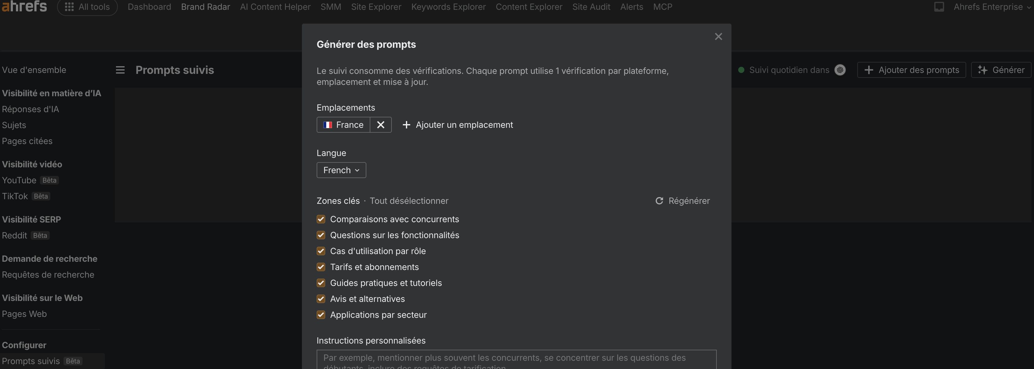 Prompts personnalisés générés par l'IA dans Ahrefs