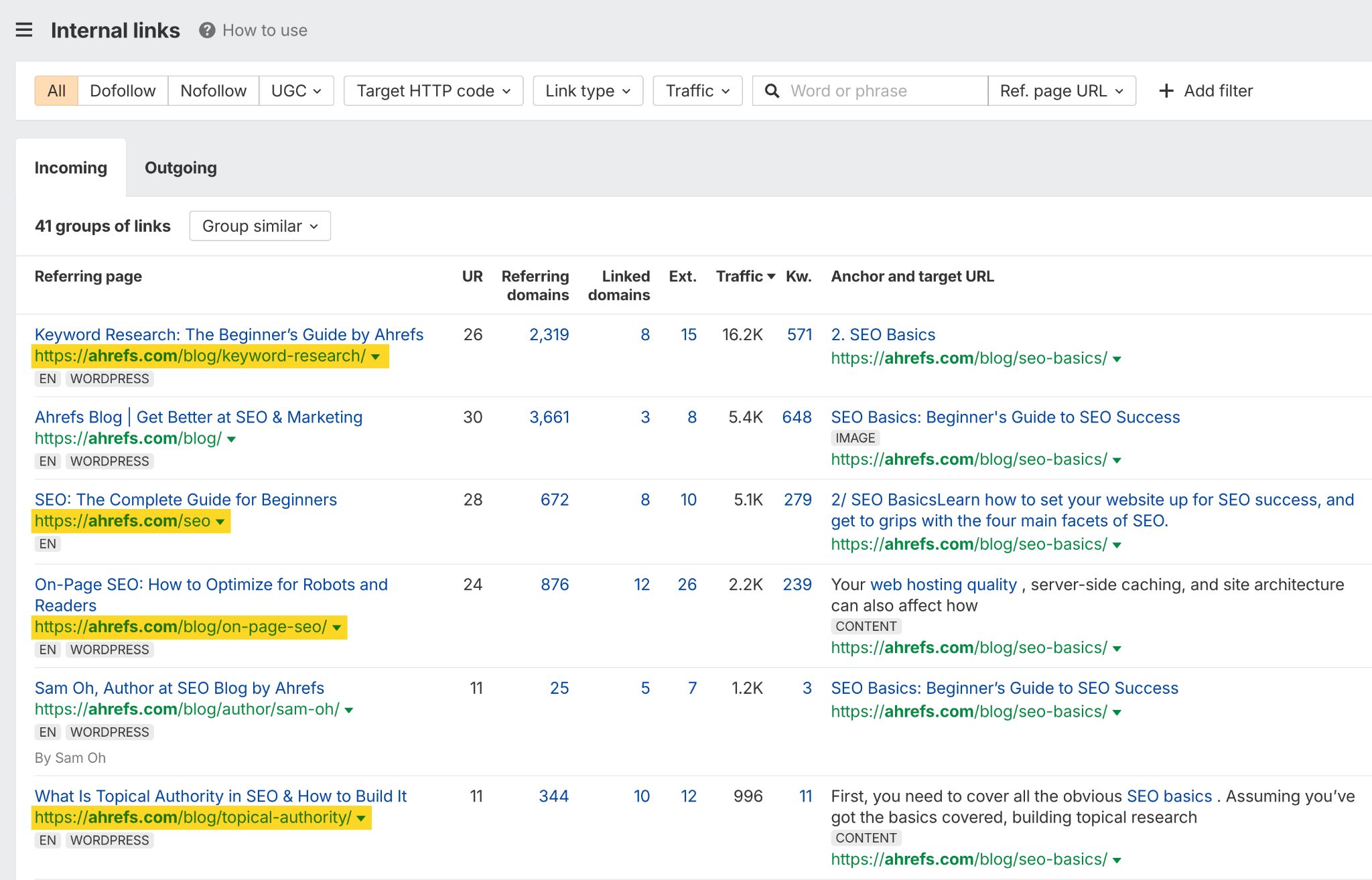 Le rapport Liens Internes d'Ahrefs (Site Explorer) montre les backlinks qui mènent à la page pilier "SEO basics"