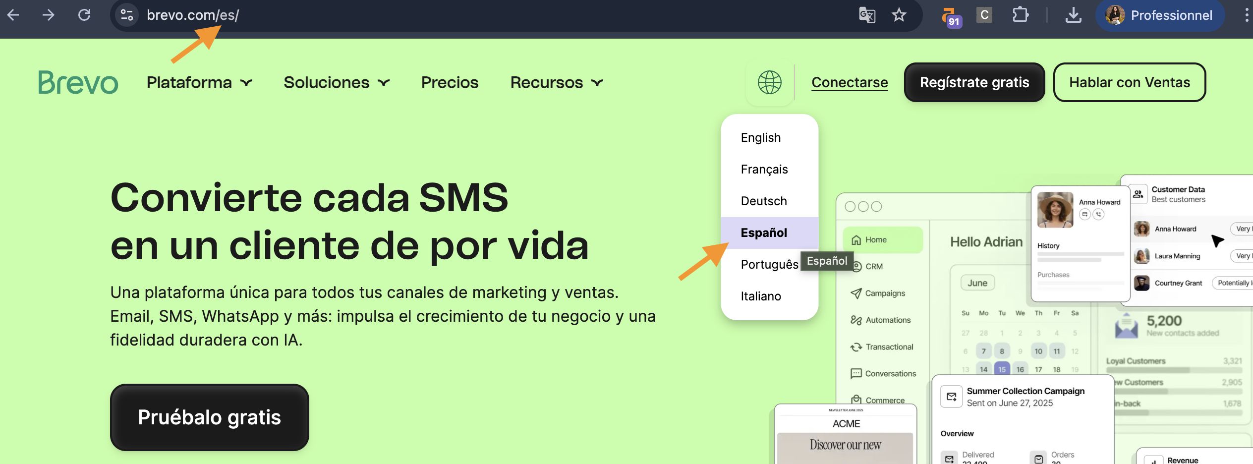 Exemple de la page et URL affichée pour un utilisateur espagnol de Brevo