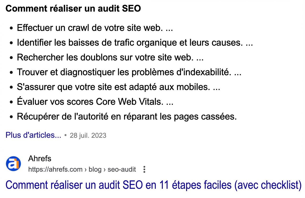 Exemple d'un featured snippet avec une liste simple