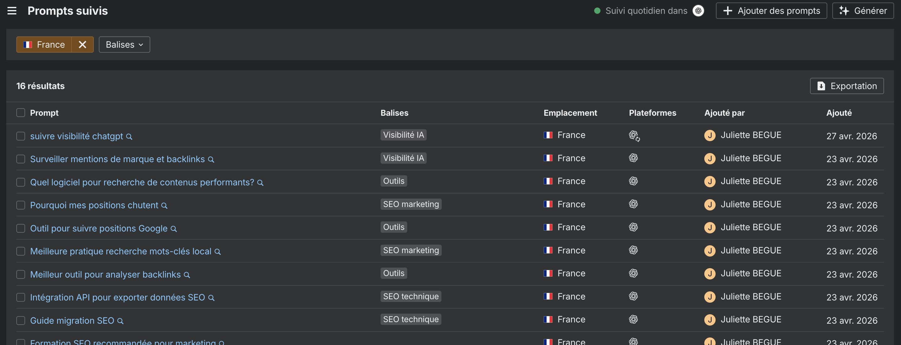 Capture d'écran de Brand Radar d'Ahrefs : outil de suivi de prompts personnalisés sur les IA