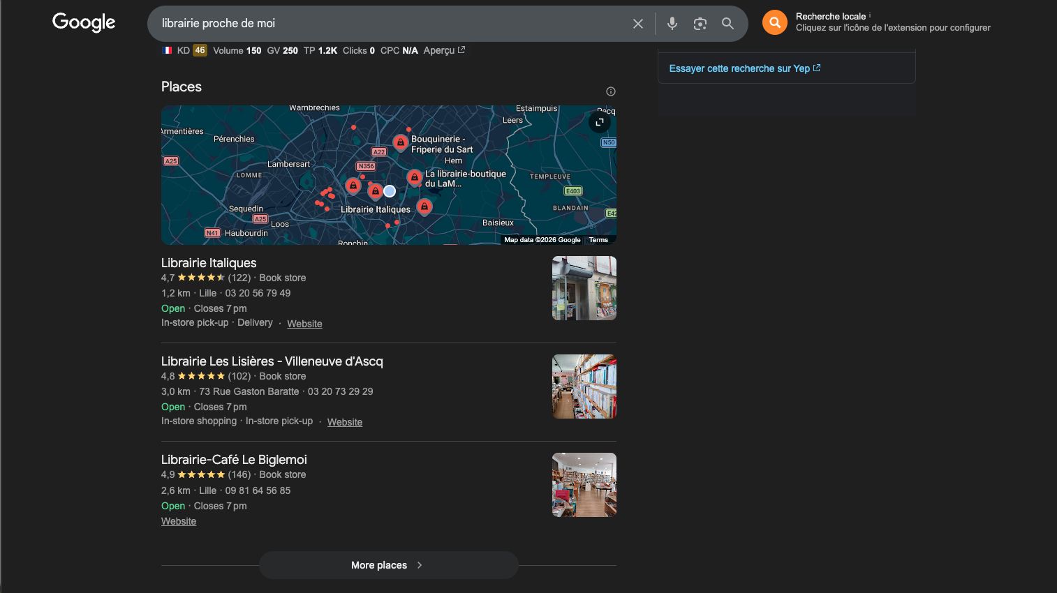 Résultats Google pour des librairies autour de moi, affichant une carte avec plusieurs entreprises listées, leurs avis, adresses et coordonnées.
