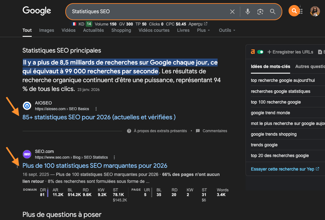 Page de résultats Google pour « seo statistics » affichant trois articles avec des titres mis en évidence sur les statistiques SEO