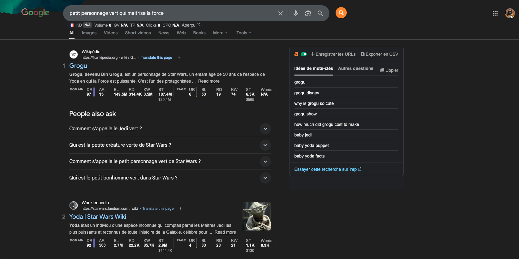 Exemple de SERP affichant le Knowledge Graph pour une requête liée à Star Wars.