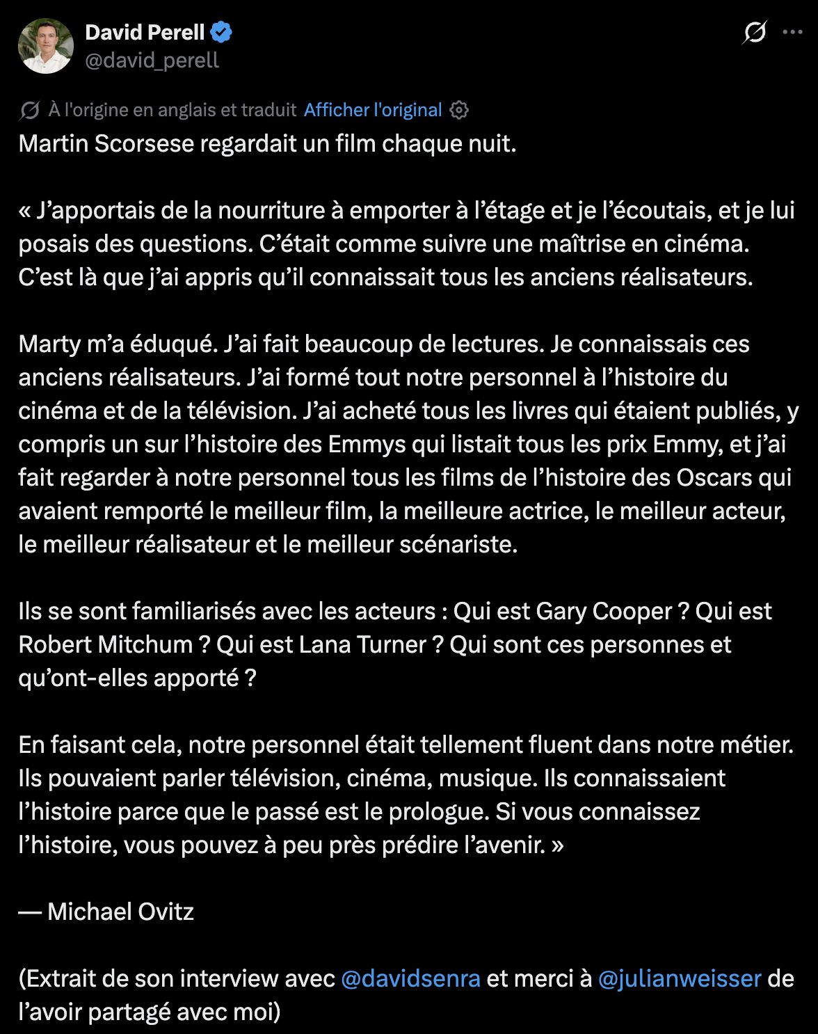 Tweet de Davil Perell sur Martin Scorsese
