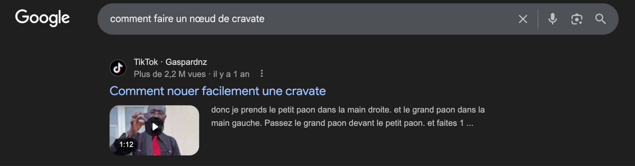 Les résultats de recherche Google affichent une vidéo TikTok