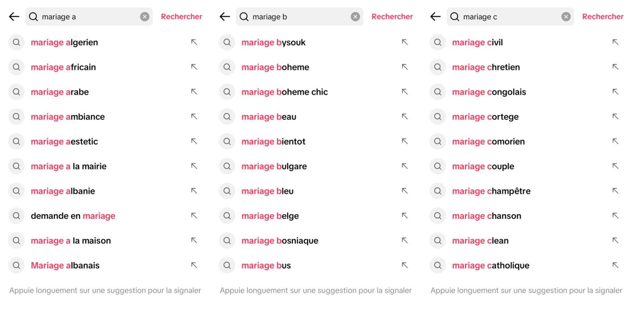 Les suggestions de recherche dans TikTok pour mariage a, mariage b et mariage c