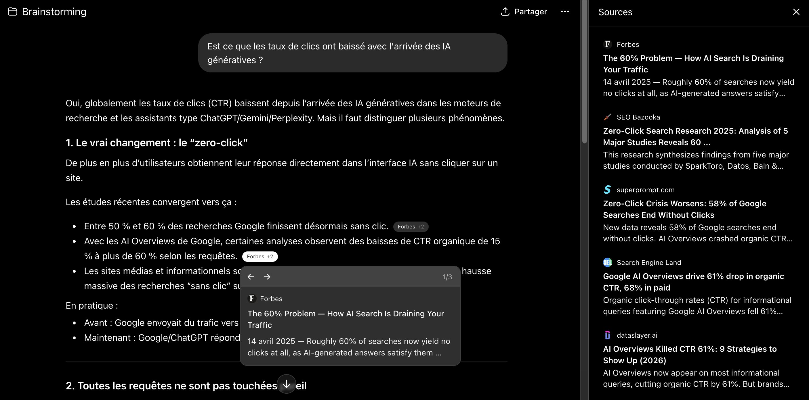 Capture d’écran de ChatGPT effectuant une recherche en temps réel avec affichage des sources citées