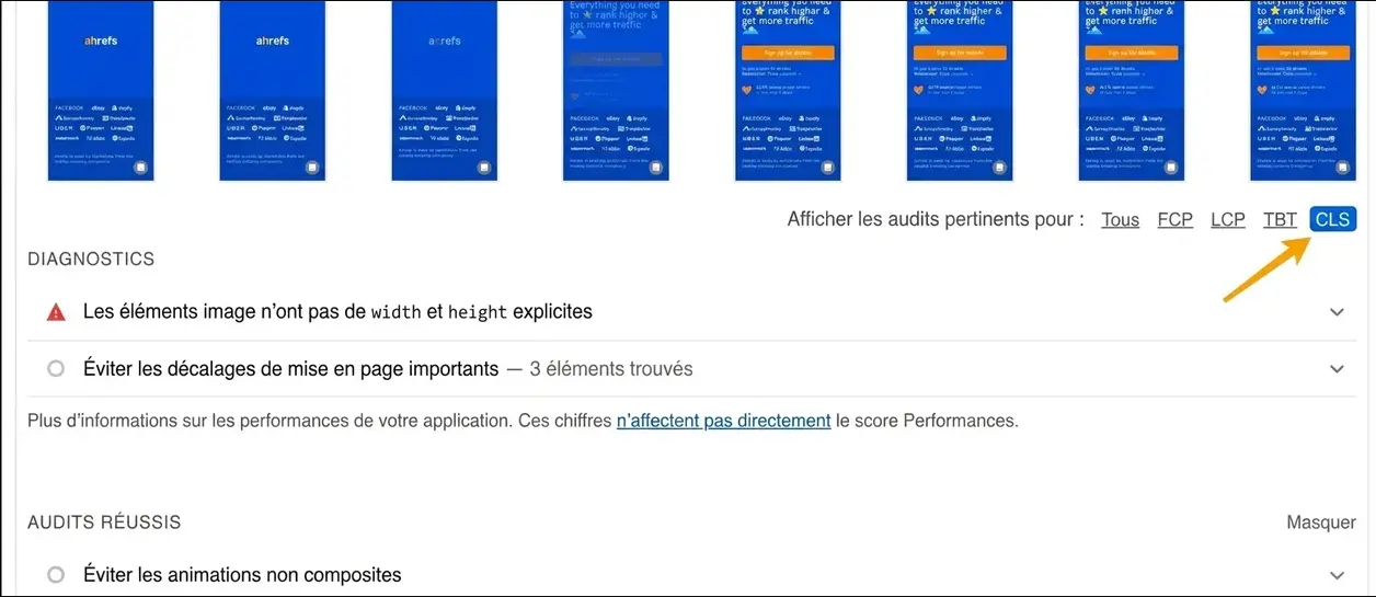 Capture d'écran de PageSpeed Insights affichant la section Diagnostics avec les problèmes liés au CLS, comme « Éviter les décalages de mise en page importants »
