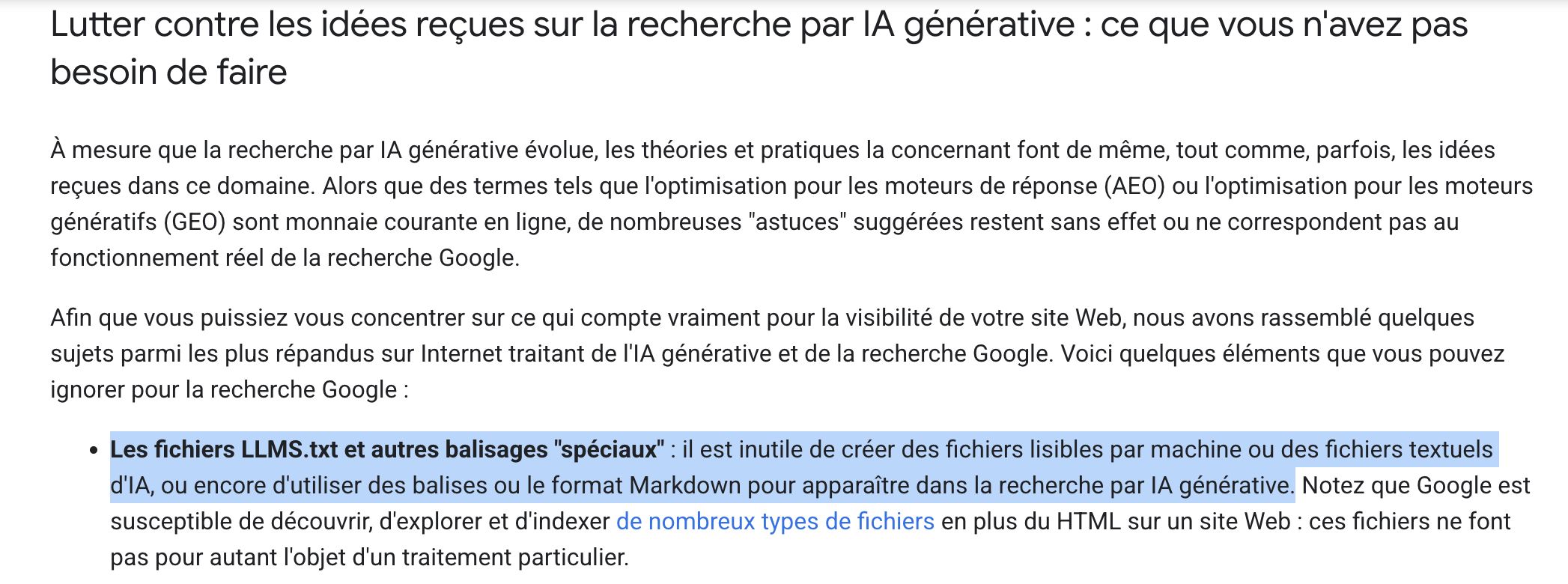 Extrait de texte tiré de « Démystifier la recherche par IA générative : ce que vous n'avez pas besoin de faire. » Le texte surligné indique que vous n'avez pas besoin de fichiers spéciaux ni de balisage pour la recherche par IA générative.