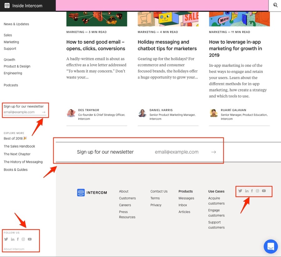 intercom blog social links