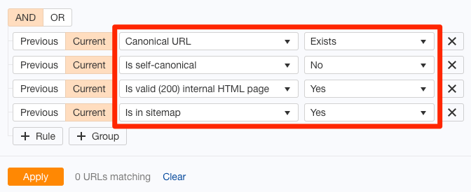canonicals filter site audit