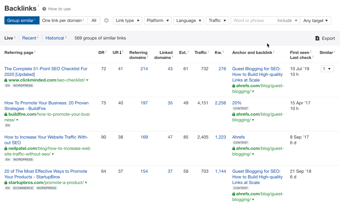 backlinks report include filter
