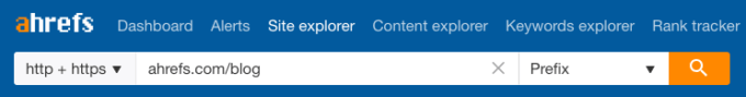 Ahrefsサイトエクスプローラーでサブフォルダやサブドメインを対象に分析するため、分析モードのドロップダウンから「Prefix」オプションを選択している画面のスクリーンショット