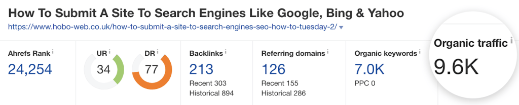 『オンページSEO』キーワードの上位ページが、『SEOのヒント』よりも多くのオーガニックトラフィックを獲得していることを示すAhrefs Site Explorerのデータ
