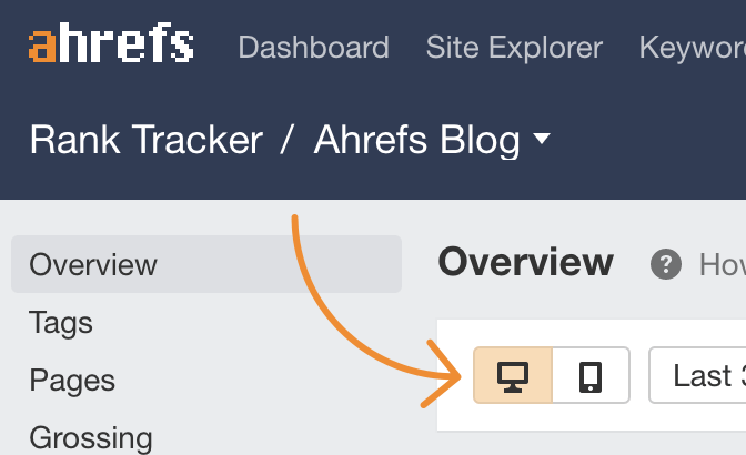 "Ahrefs Rank Tracker でモバイルとデスクトップのランキングを切り替え、各デバイスの平均順位を確認できるダッシュボード画面のスクリーンショット
"
