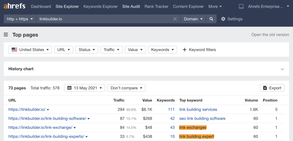 "Ahrefs サイトエクスプローラーで linkbuilder.io を分析した結果、リンク交換やリンク構築エキスパートなど、まだ取り上げていないリンク構築関連の有用なトピックが表示されている画面のスクリーンショット
"
