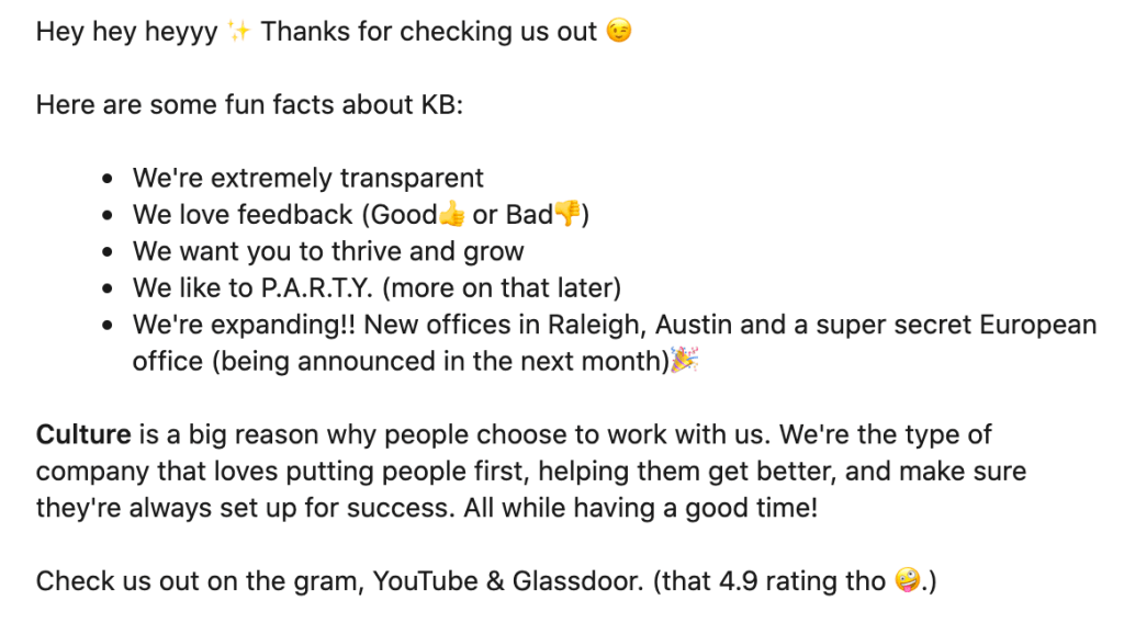 KlientBoostの採用ページに掲載された、シンプルで企業用語を避けた使命説明の例のスクリーンショット