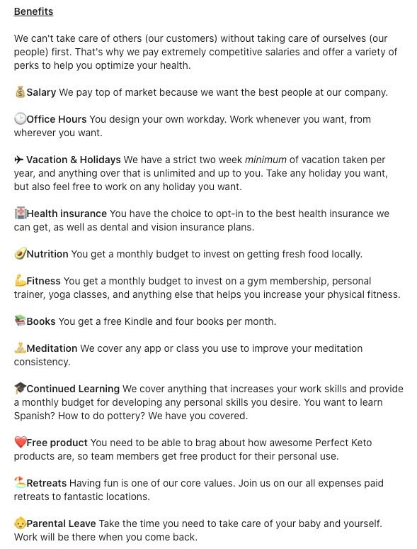 Perfect Ketoが給与・福利厚生・柔軟な働き方など、自社を選ぶ理由を示した採用ページの紹介文スクリーンショット