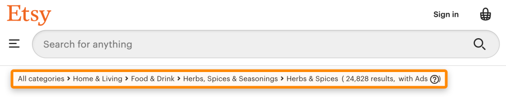 "Etsyの商品ページに表示された、カテゴリ階層を示すパンくずリストのスクリーンショット
"
