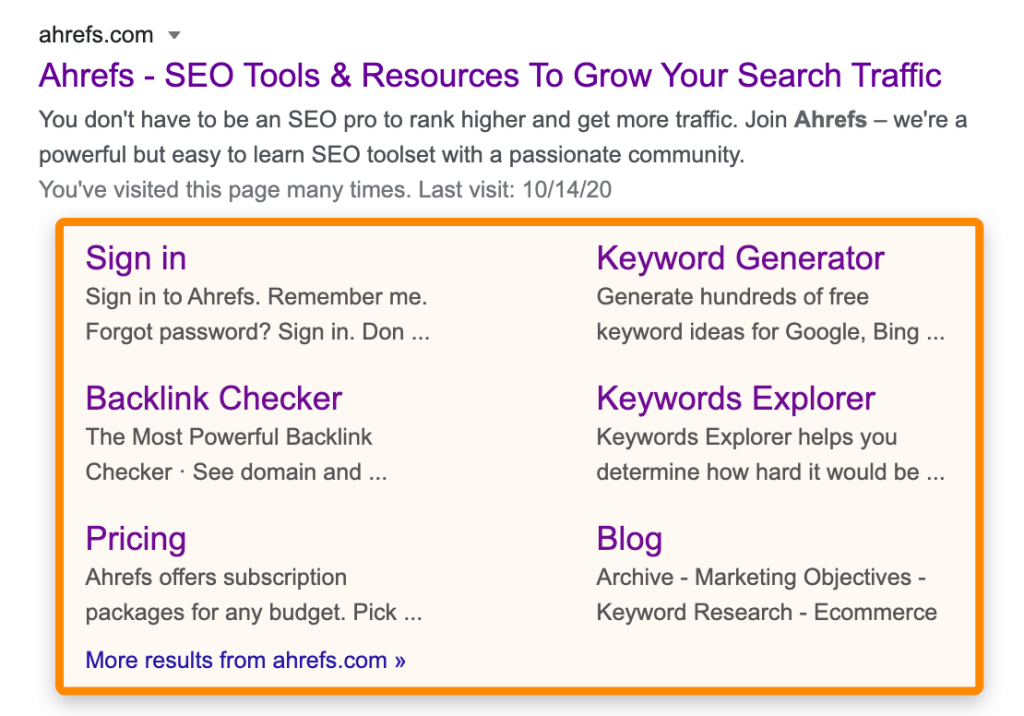 Google検索結果に表示されたAhrefsサイトのサイトリンク付き検索結果の例画像
