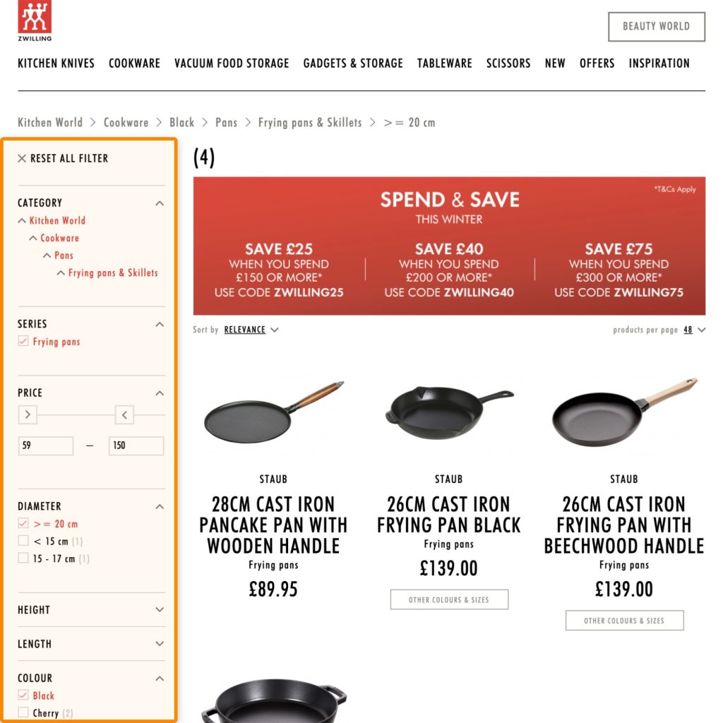 "ECサイトの商品一覧ページで、サイズ・カラー・価格帯など複数条件を組み合わせて絞り込めるファセットナビゲーションのUIを示すスクリーンショット
"

