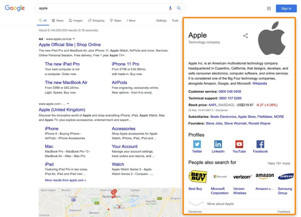 ナレッジパネルの例で、検索クエリの主要ーマに関する情報を提供し、モバイルではSERP上部、デスクトップでは右側に表示される様子を示す図。
