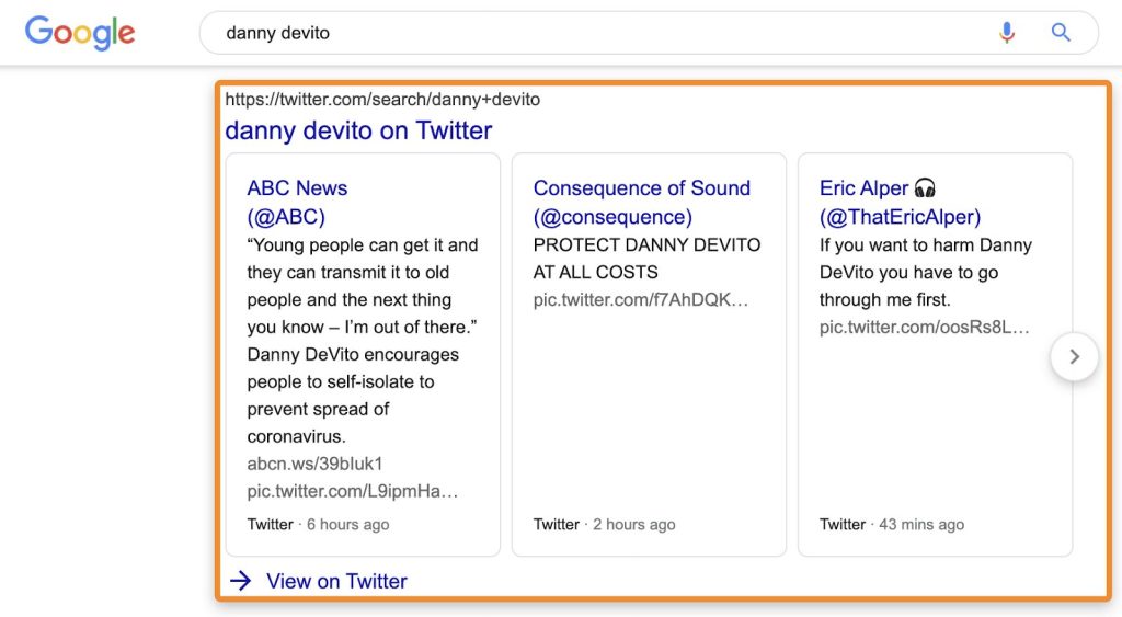 ツイートボックスで「danny devito」を検索し、クエリに関連する公式Twitter（X）アカウントや複数アカウントの人気ツイートがカルーセル形式で表示される様子を示す図。