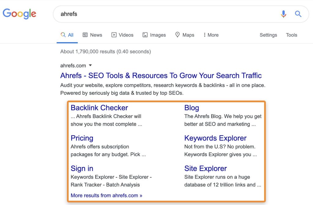 サイトリンクの例で、ランキングページの下に追加リンクとして表示され、オーガニック検索結果を補強する様子を示す図。
