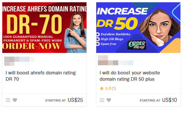 DRやDAを保証すると宣伝する格安リンク構築サービスの例
