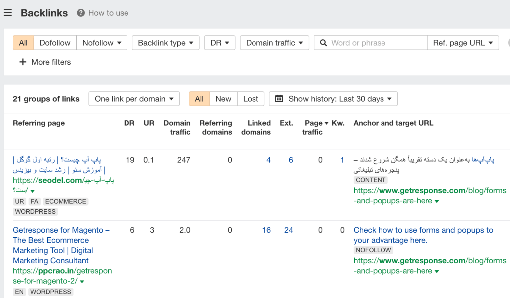 バックリンクレポートの画面キャプチャ
