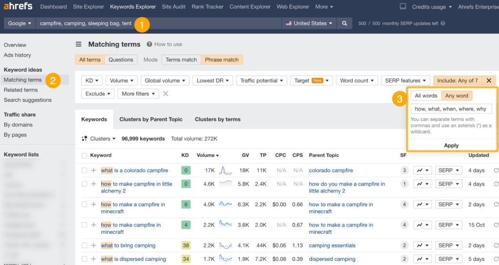 一致する用語レポートの画面

