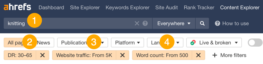 Ahrefsのコンテンツエクスプローラーで『knitting（編み物）』と検索し、DRを30〜65、トラフィックを5,000以上、単語数を500以上に設定して、権限が中程度で検索流入の多いブログ記事を絞り込んでいる画面キャプチャ
