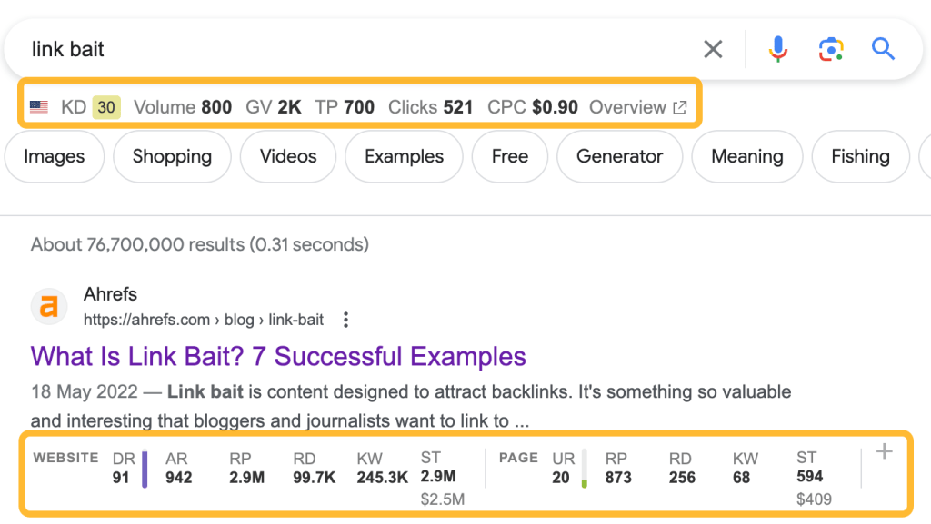 Google検索結果ページ上にAhrefsの無料SEOツールバーを表示している画面
