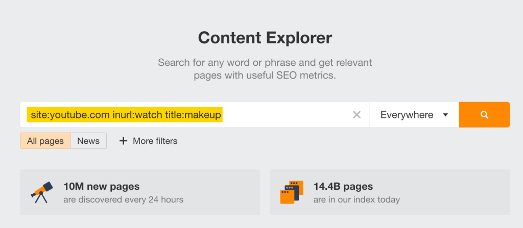 Ahrefs の Content Explorer で「site:youtube.com inurl:watch title:[トピック名]」という検索クエリを入力し、YouTube 動画を対象に関連トピックを分析している画面
