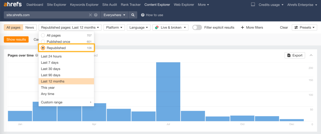 Ahrefs の Content Explorer でフィルターを「再公開されたページのみに表示」に設定し、更新や再投稿されたコンテンツを一覧表示している画面