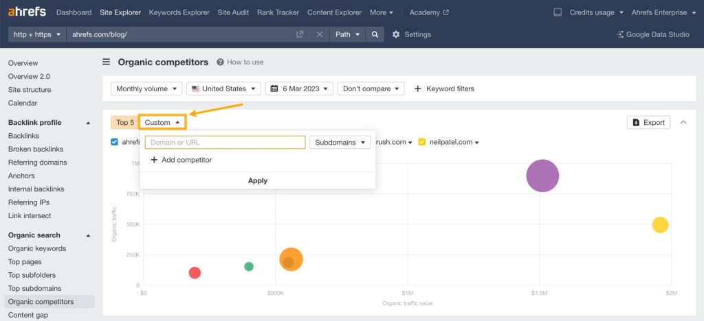 Ahrefs「オーガニック競合他社」レポートで、[カスタム]ドロップダウンメニューから競合サイトを手動追加できる設定画面。

