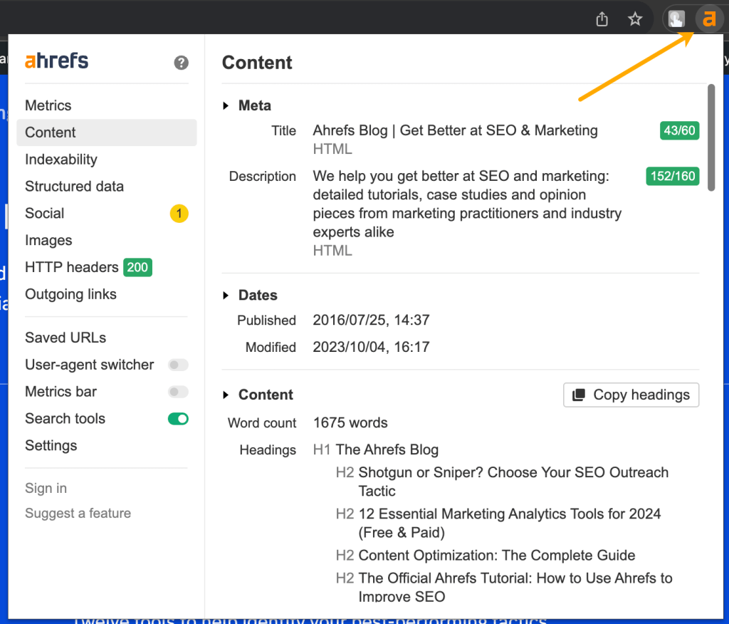 拡張機能アイコンをクリックした際に表示される Ahrefs SEO Toolbar のメインウィンドウ。ページ上の SEO レポートやツール、設定が確認できる画面。
